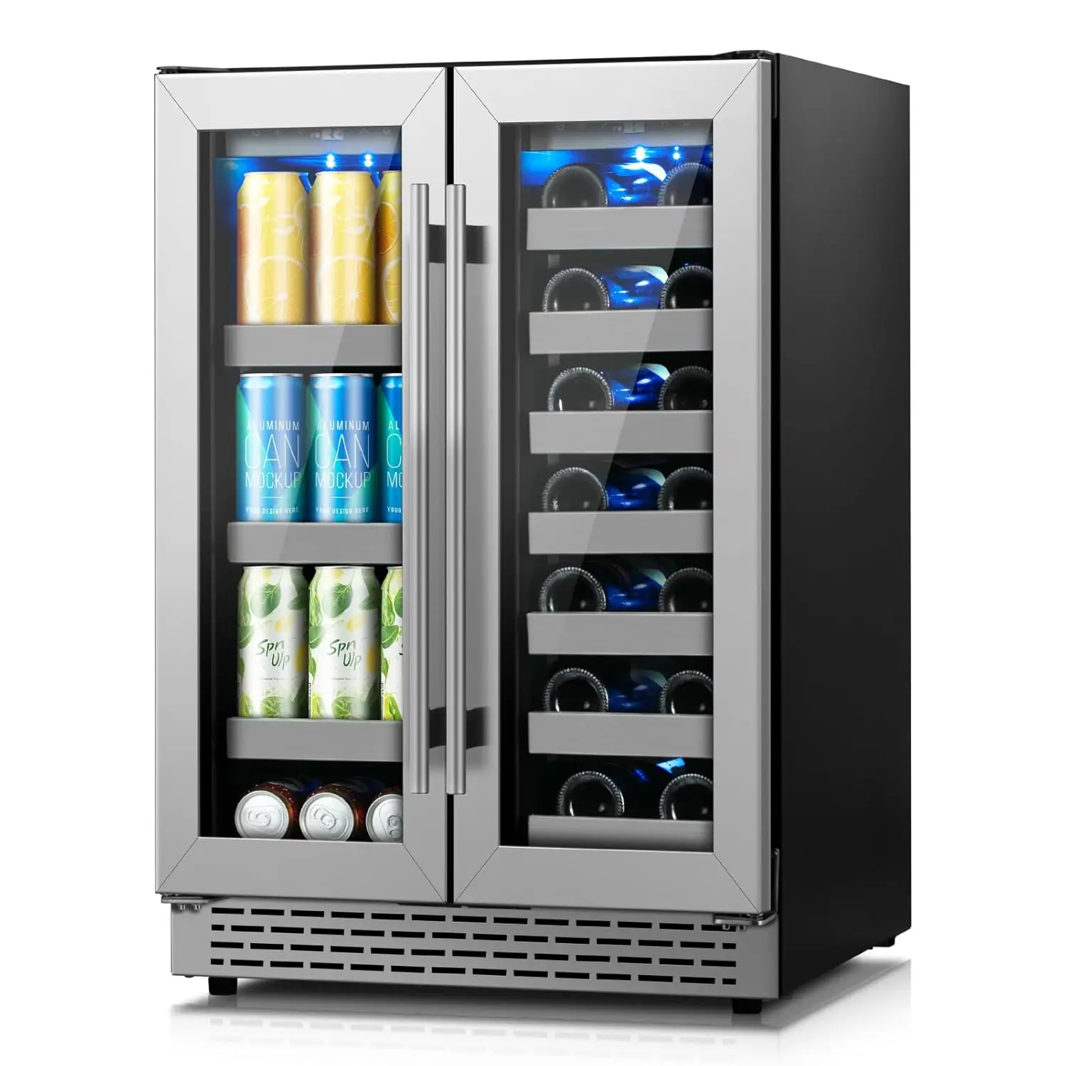 

Двухзонный холодильник для вина и напитков 24 дюйма, на 20 бутылок и 88 банок, со стеклянной дверцей, на заказ