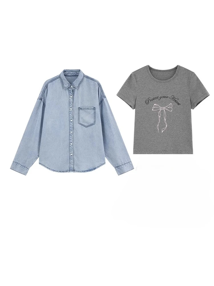 Retro Washed Blue Denim Shirt Oversized Long Sleeve Jacket Top Classic Letter Print Short Sleeve T Shirt Casual Two Piece Outfit