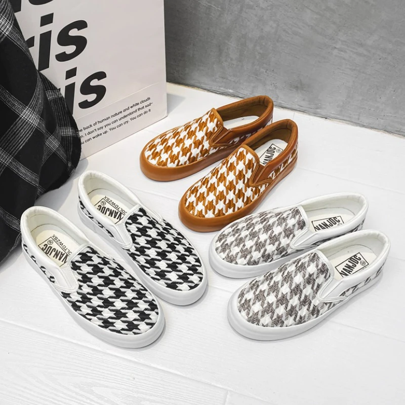 

Spring New Shoes for Men Women Canvas Casual Shoes Houndstooth Flat Skateboard Shoes Street Fashion Slip-on Loafers