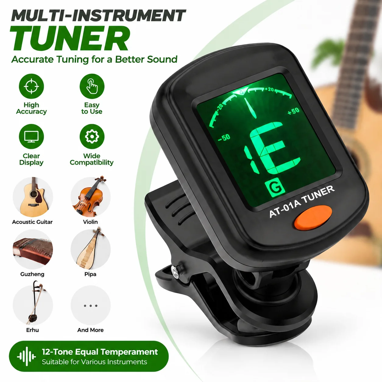 Multifunctional Digital Clip On Tuner with 360 Rotatable LCD Display for Folk Acoustic Guitar Ukulele Violin Erhu Twelve Tone Equal Temperament Sensitive Electronic Instrument Tuner