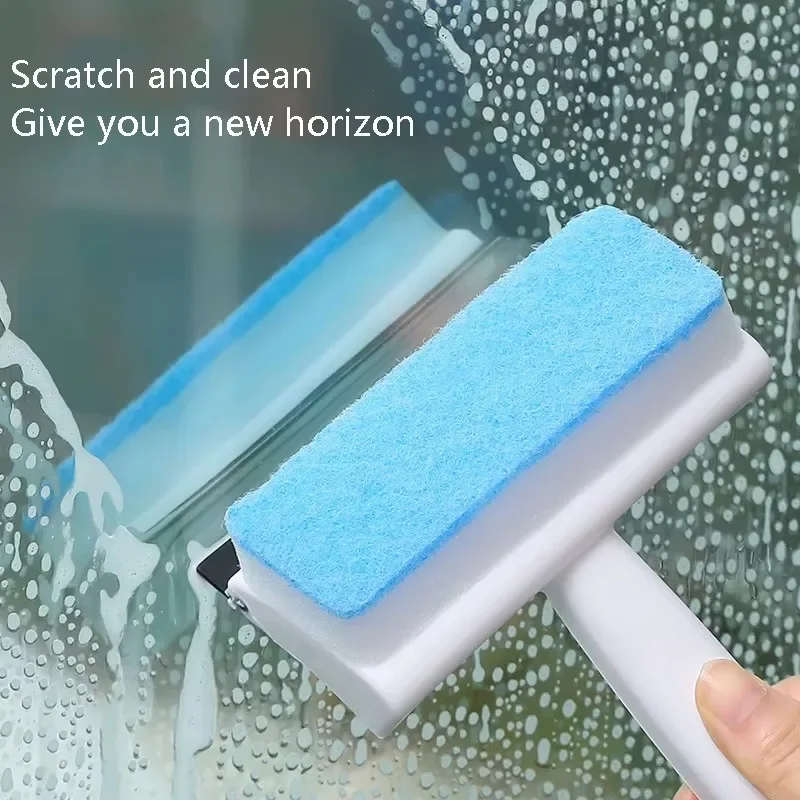 2 in 1 Double Sided Glass Cleaner Brush Sponge Squeegee for Windows Mirrors Shower Long Handle Bathroom Car Windshield Cleaning