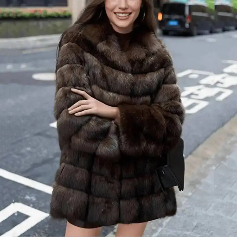 Brown Hooded Women's Faux Mink Fur Coat Thick Autumn Winter Chic New Cardigan Mid Length Loose Warm Jackets 2959N