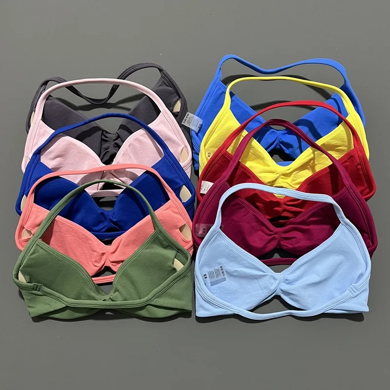 No Logo Strappy Sports Bra Woman Yoga Underwear Fitness Tank Top Removable Chest Pad Open Back Bra Running Gym Workout Halter