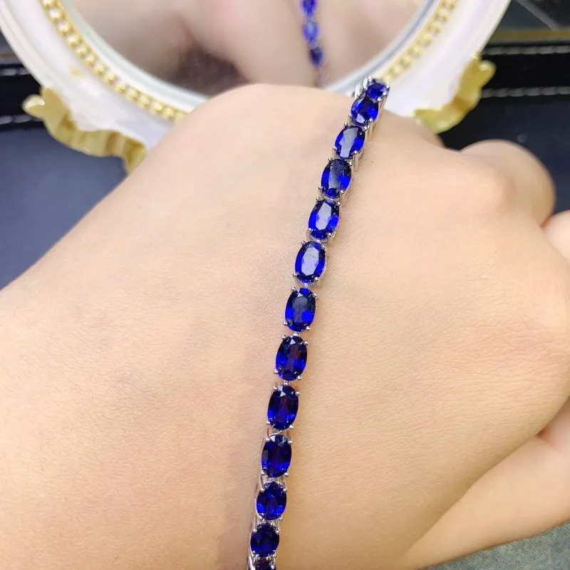 

Women's Hand Bracelets Sapphire Blue Luxury Adjustable Bracelet 4x6mm Tennis Bracelet 925 Sterling Silver Bracelet