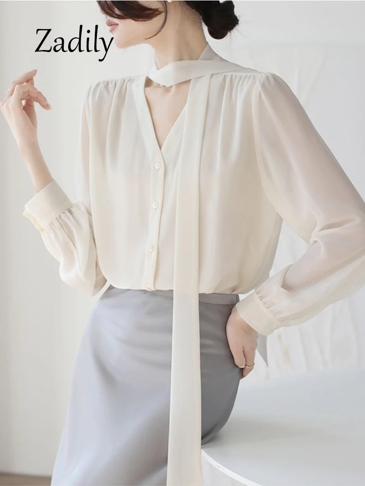 Zadily 2024 Summer Office Lady Women Chiffon Shirt Korea Style Bandage Button Up Ladies Blouse Long Sleeve Transparent Tunic Top