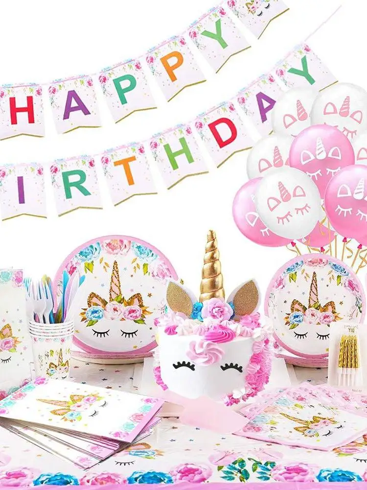 pink-unicorn-birthday-party-disposable-tableware-set-paper-plates-cups-napkins-tablecloth-decoration-cartoon-theme-dinnerware
