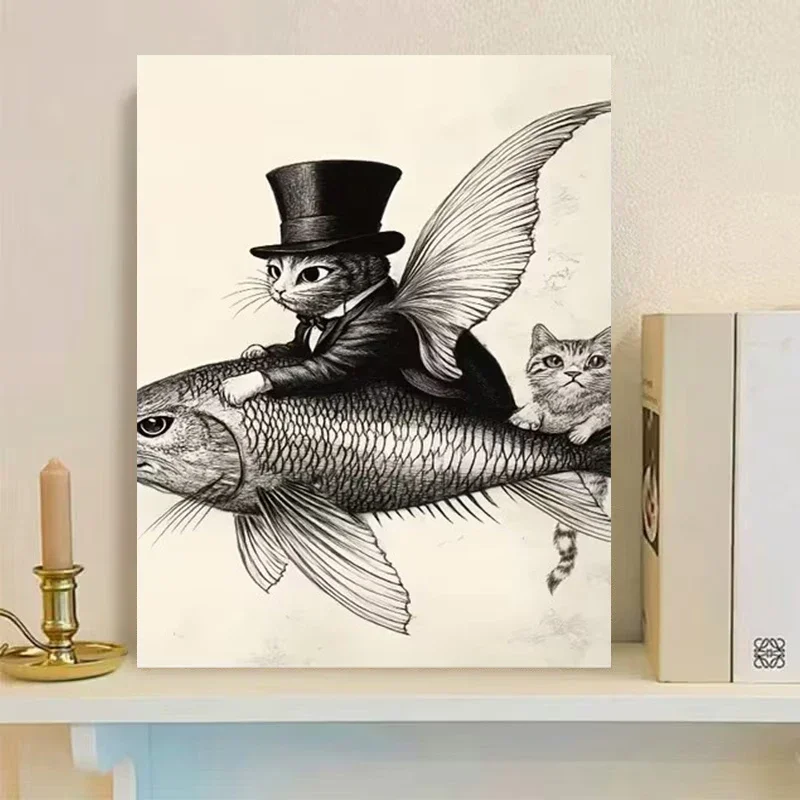Multiple sizes 1pc frameless Canvas Painting,Whimsical Kitten Riding A Flying Fish Poster and Prints Canvas Painting Wall Art Pi