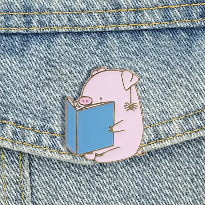 Kawaii Pig Reading Book Enamel Pins Cartoon Cute Bookworm Brooches Lapel Badge Reader Jewelry Accessory Gifts For Friends