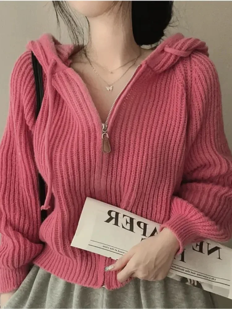 

Шикарный зимний вязаный свитер в полоску на молнии в стиле ретро, пальто, женское универсальное пальто с капюшоном и длинным светом для поездок на работу