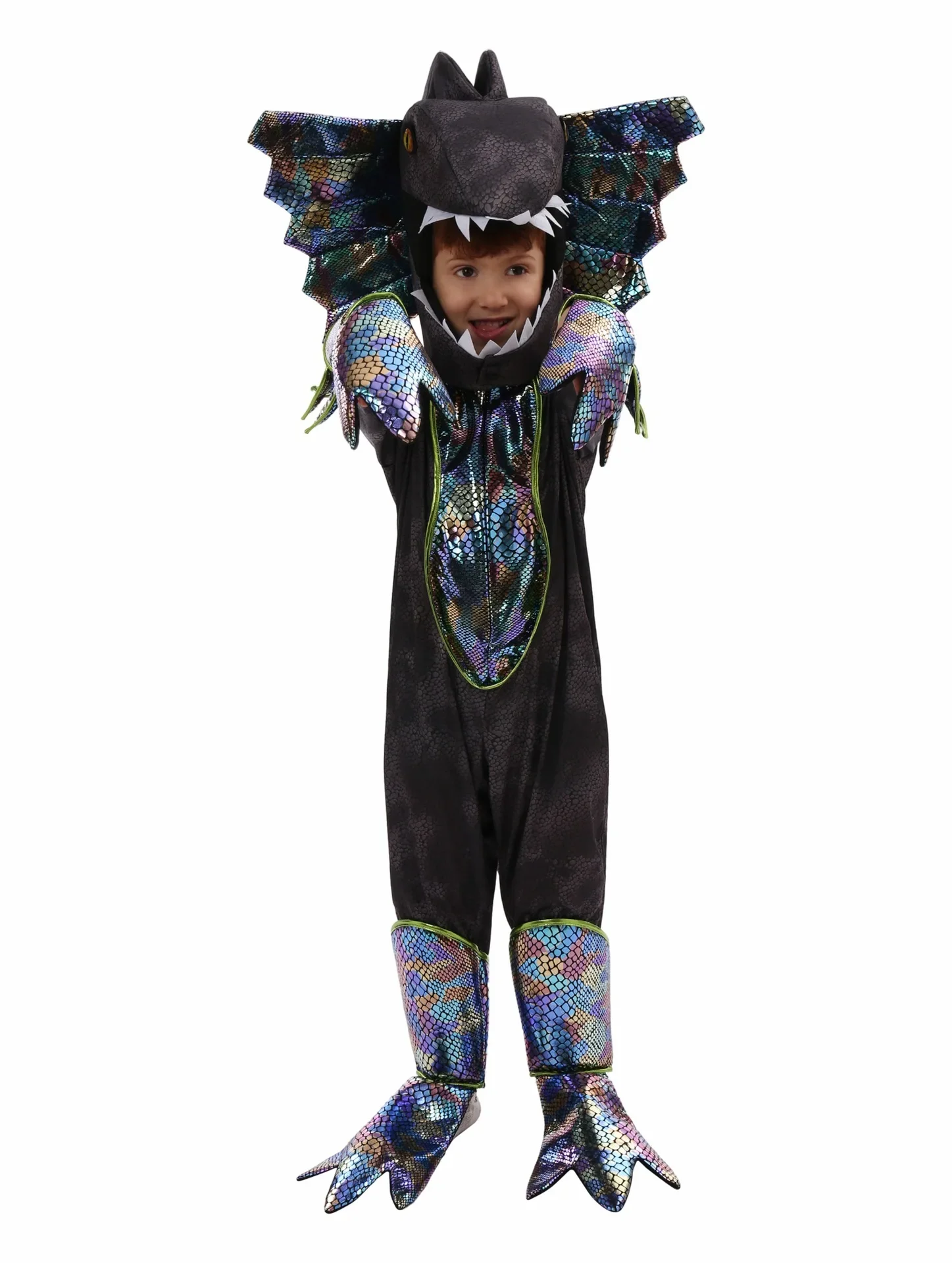 Cute Kids Dinosaur Costume Cosplay Cartoon Orange Dilophosaurus Costume Boys Child Jumpsuit School Party Student Role Play Suit