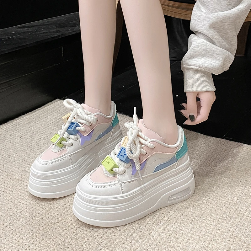 New Arrival Womens Platform Sneakers Chic White 8.5CM Increased Thick Bottom Shoes Candy Colored Board Shoe