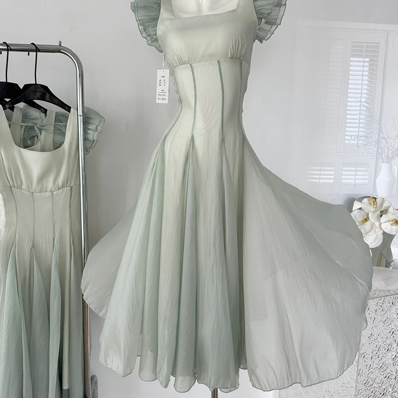 French Summer Holiday Dress Slim High Waist Gradient Mint Green Dress Female 2024 New Korean Fashion Flying Sleeveless Dresses