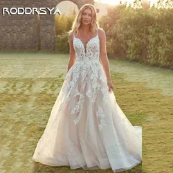 RODDRSYA-vestido de novia de tul con tirantes finos, traje elegante con apliques de encaje, Espalda descubierta, para playa Spaghetti Straps Tul Vestidos de novia  Elegante una línea de encaje apliques vestido de novia