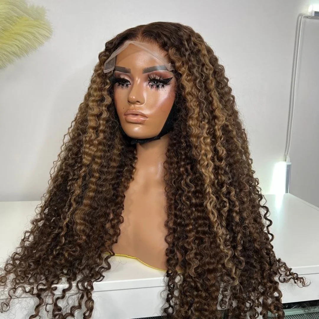 

Highlight Brown Kinky curly Wig 13x4 Synthetic Lace Front Wig Brown Blonde Lace Frontal Wig Honey Blonde Pre Plucked Wig