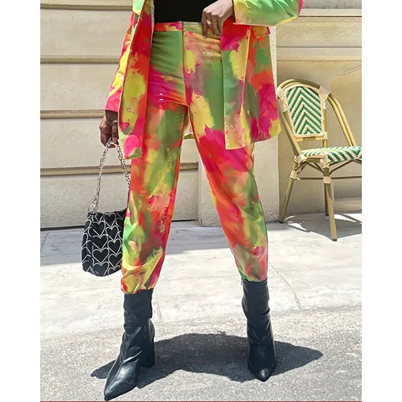 Women Fashion Tie-Dye Printed Pants Spring 2024 Autumn New Pants Trousers Women Casual Button Zipper Mid Waist Suit Pencil Pants