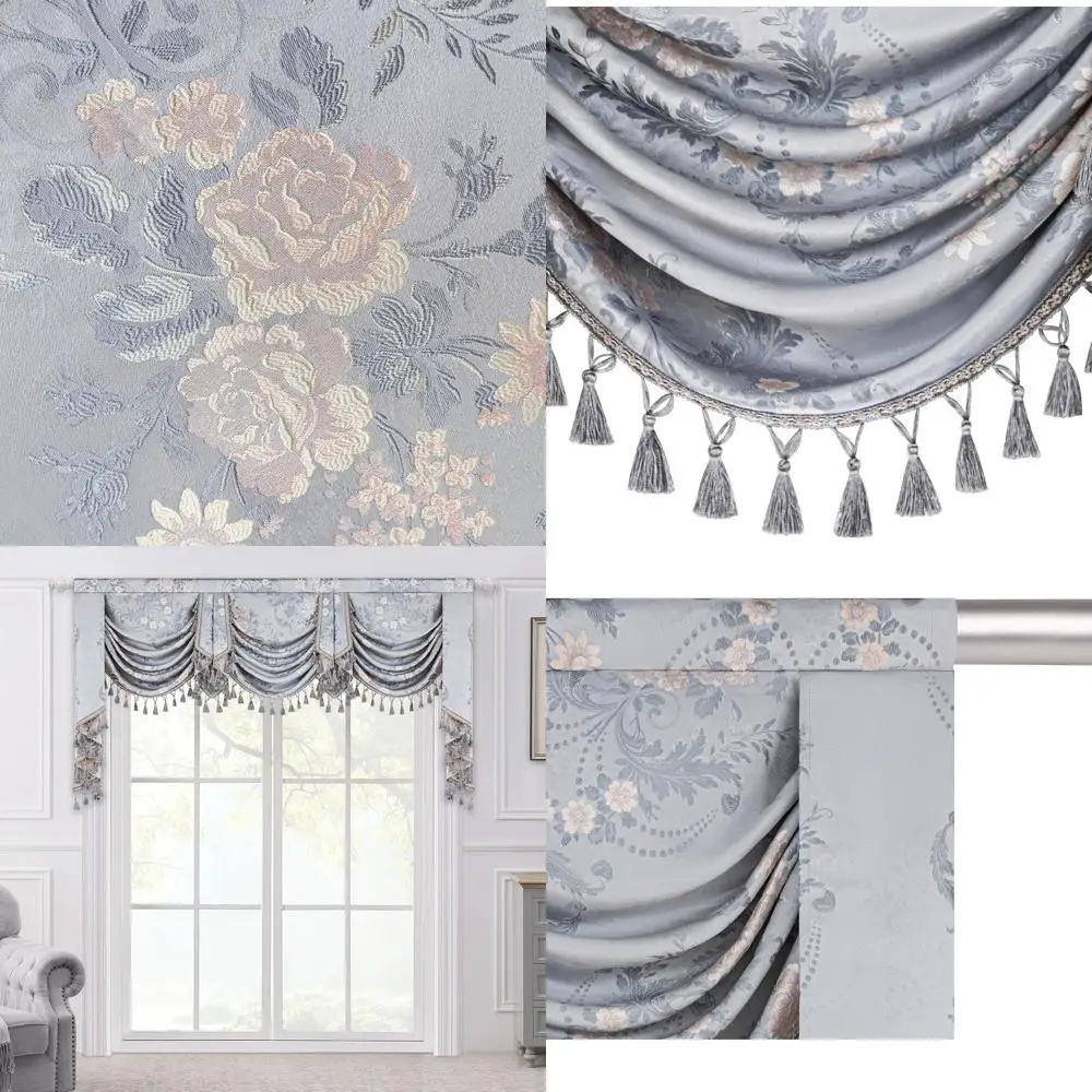 

Elegant Blue Grey Jacquard Swag Valance with Tassels for Living Room & Bedroom, European Floral Design Curtains for Holiday Banq