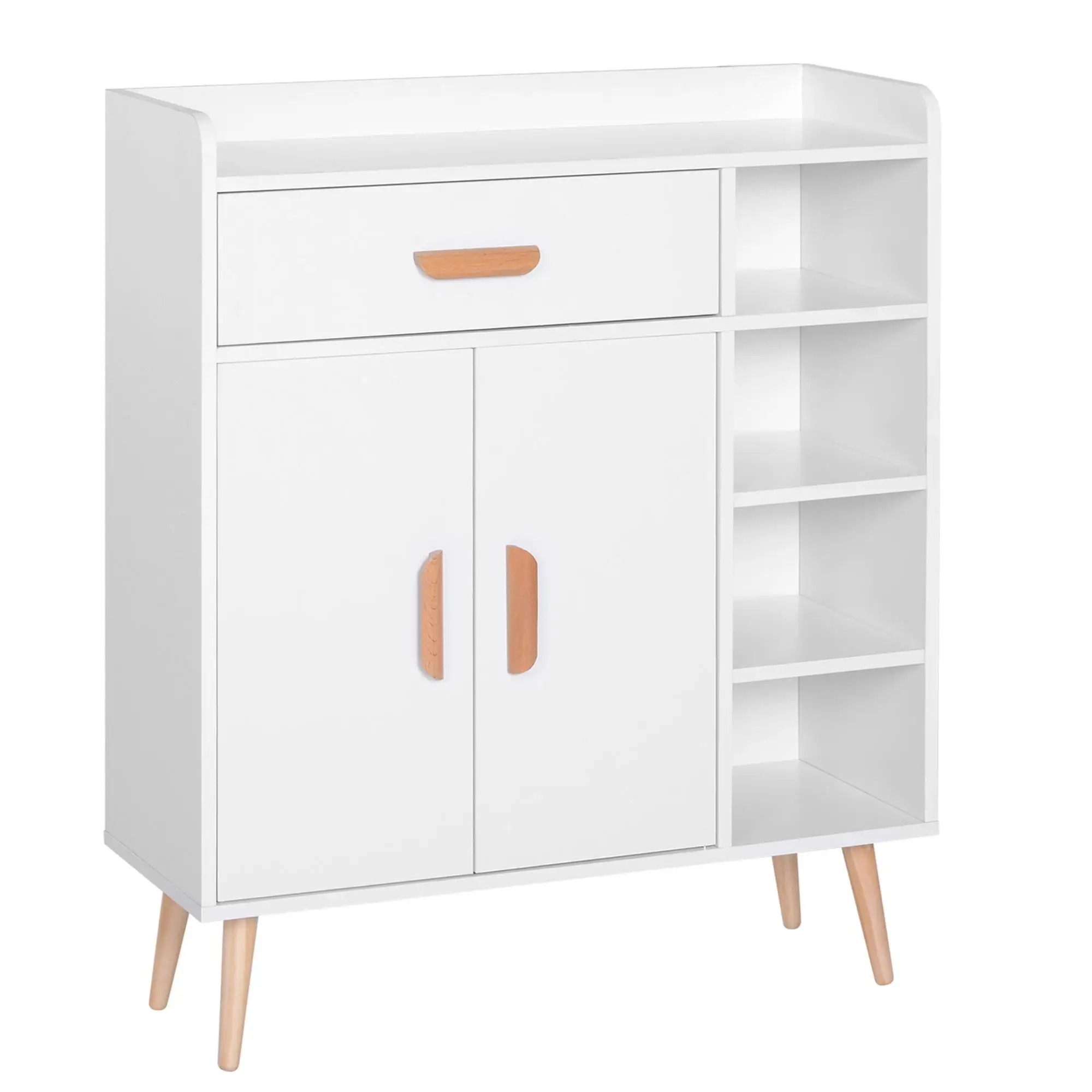 Commode avec 4 compartiments ouverts, tiroir extensible, plateau central réglable Blanc 80x29,5x96 cm