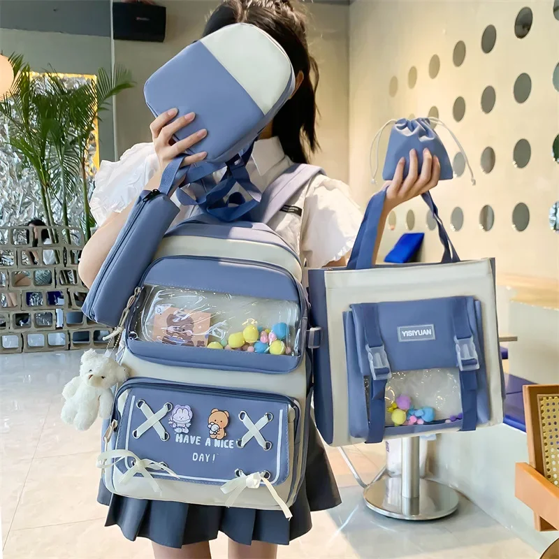 5pc/set Multi Pocket Students Backpack Children Teenager School Backpack for Girl Canvas Women Shoulder Book Bag Laptop Rucksack