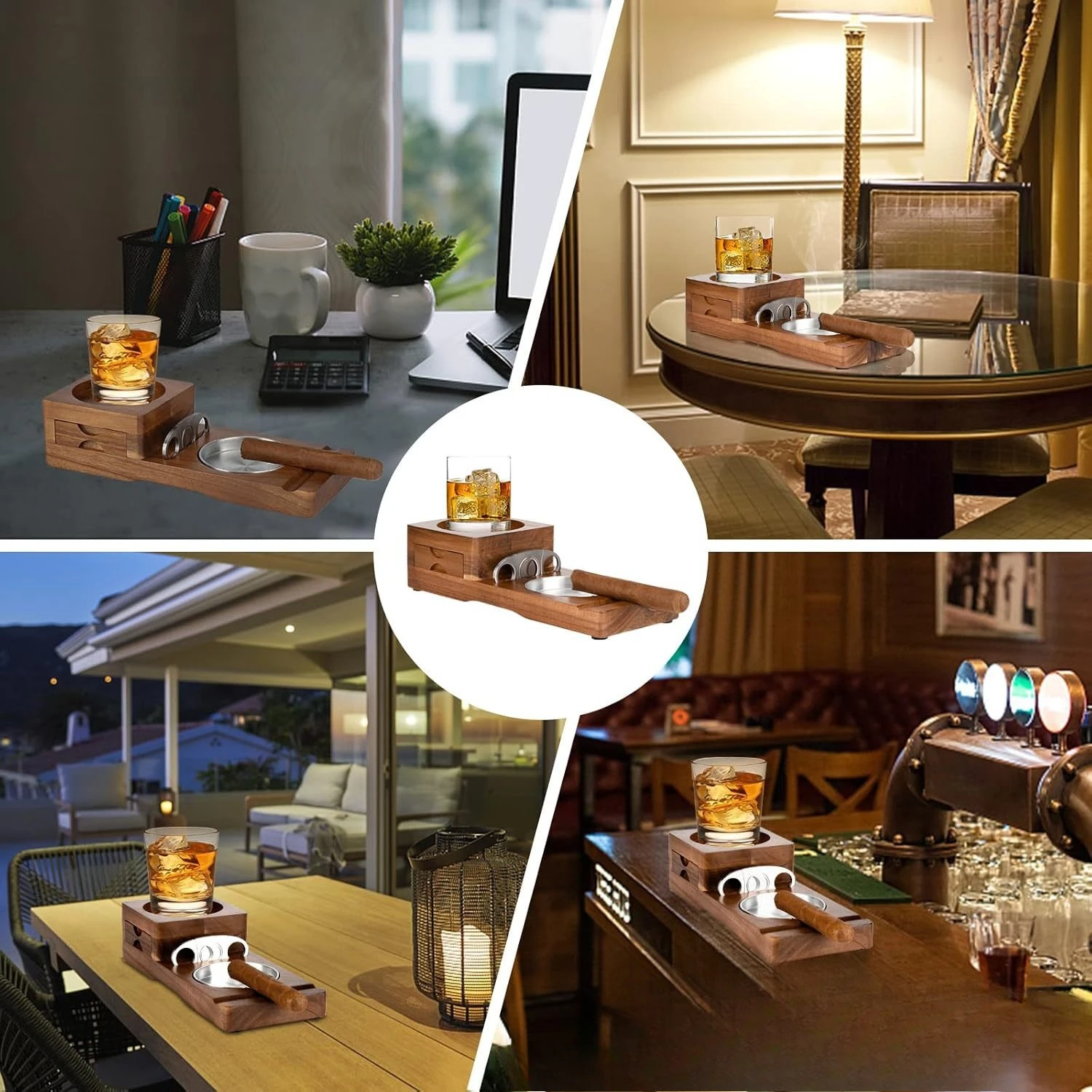 Solid Wood Cigar Ashtray Set with Storage Drawer, Whiskey Coaster & Serving Tray, Ideal Cigar Accessories for Men & Cigar Lovers