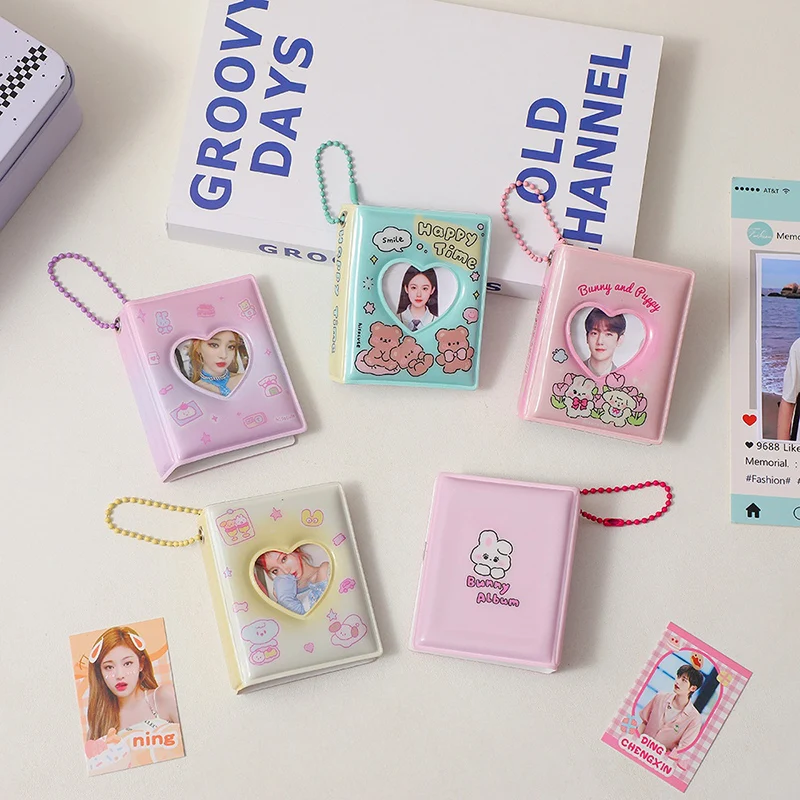 3 Inch Mini Photo Album Keychain 16 Pockets Small Photos Collect Book Photocard Holder Cartoon Bear Rabbit Heart Hollow Albums