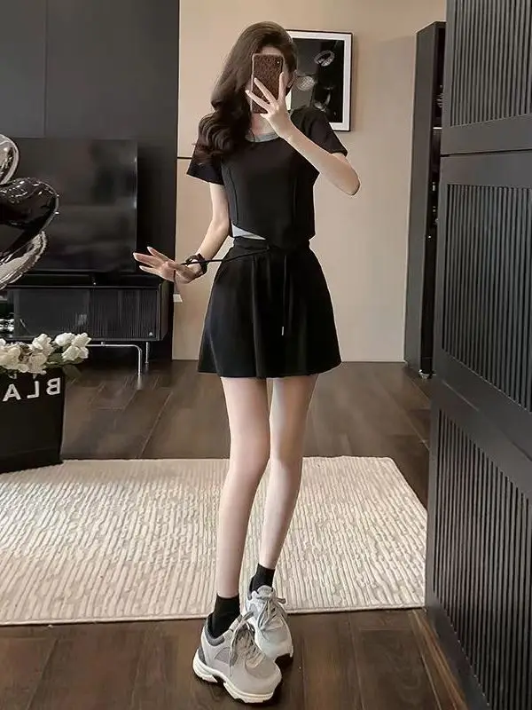 

Summer New Fashion Short Sleeve Short Pants Two-Piece Set Elegant Small Ladies Casual Sports Suit High Waist Shorts round Neck