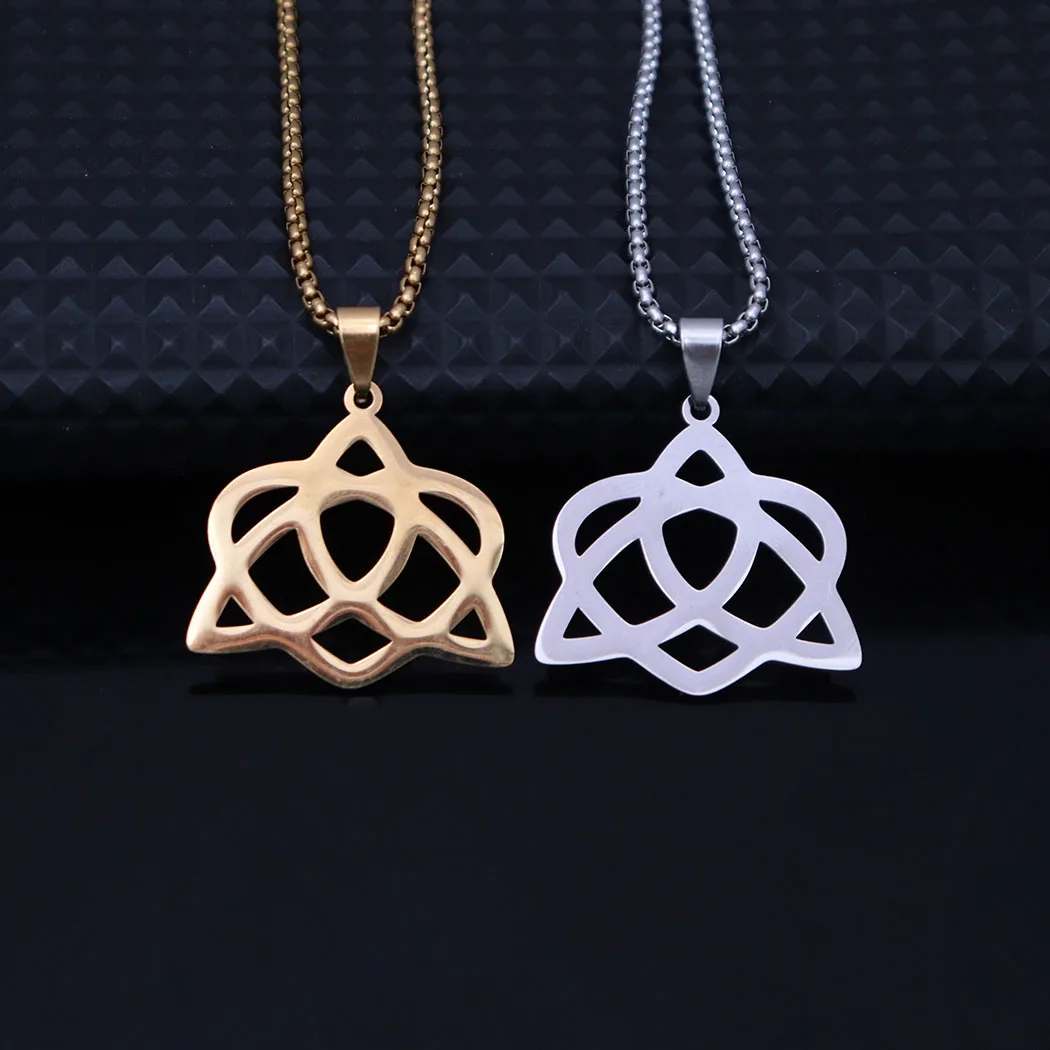 Fashionable stainless steel hollowed-out Kate knot triangular pendant necklace. Simple and versatile, it pairs well with sweater