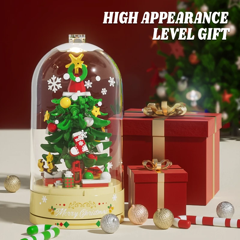 Conjuntos de construcción de árboles de Navidad, caja de música giratoria, juguetes con una varilla ligera, juguetes de construcción, regalos de Navidad para niños y niñas