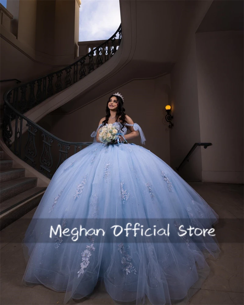 Gaun Blue Off Shoulder Quinceanera gaun bola applique manik-manik gaun mewah 2025 gaun bunga 3D manis 15 disesuaikan