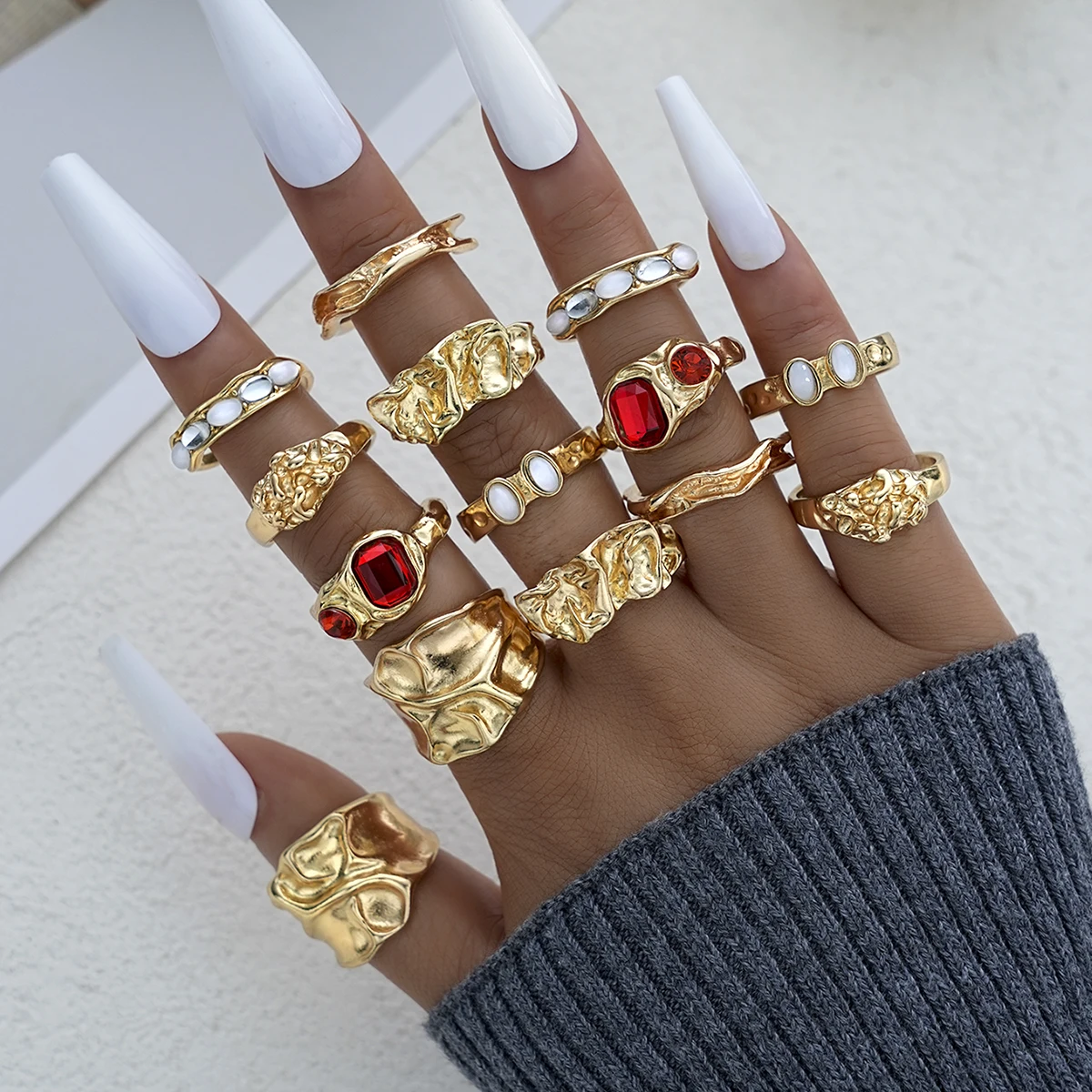 7/14-teiliges Punk-Ringset mit bunten Kristallen in Goldfarbe für Damen, modische unregelmäßige Edelsteinringe, klobige Party- und Alltagsschmuckstücke, neu