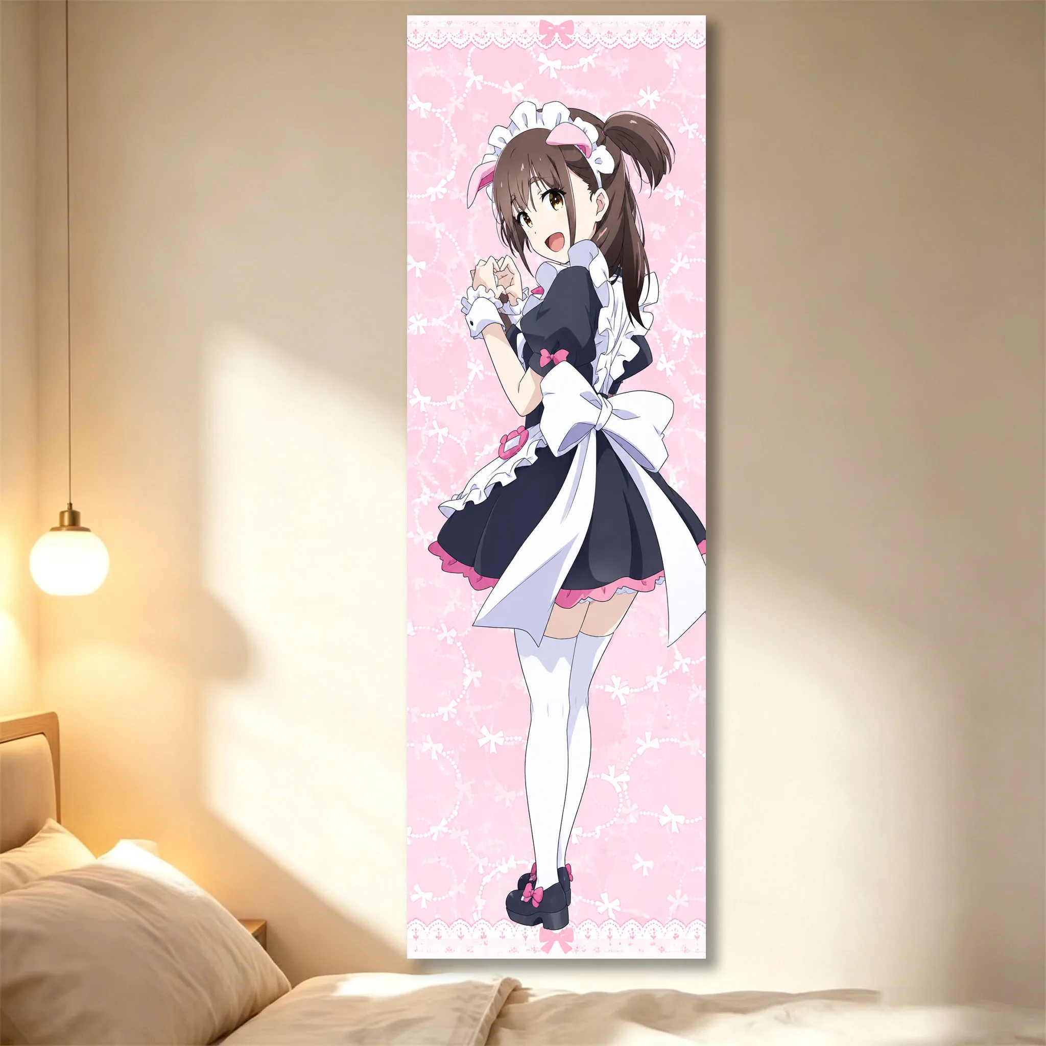 Nagomi Anime Girl Long Tapestry, Sweet Cake Pink Dress, Ton Maid Girl, Vertical Anime Wall Decoration for Otaku Bedroom House