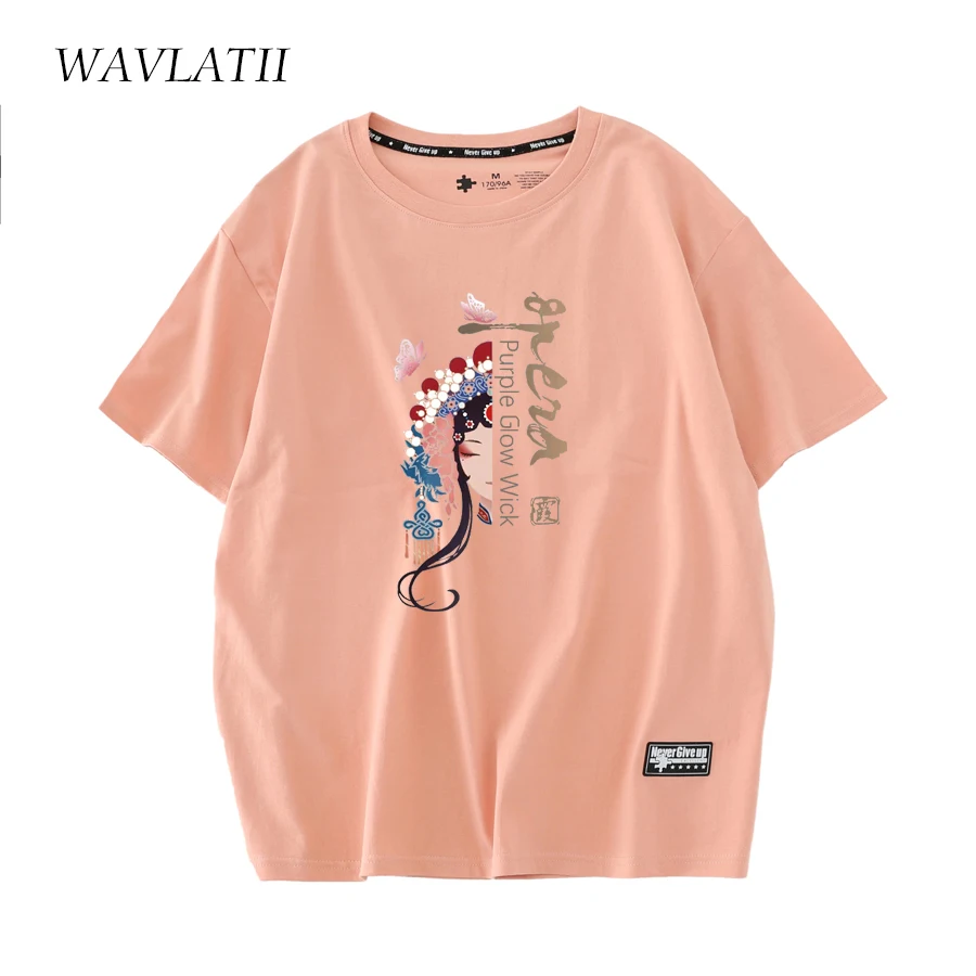 WAVLATII New 2023 210g/m2 Cotton T Shirts for Women Purple Summer Female Tees Lady Pink Opera Pattern Short Sleeve Tops WT2302