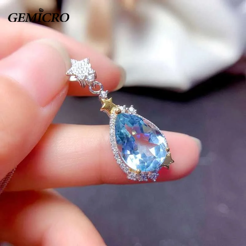 

Gemicro Big Size Natural Topaz 10*14mm Pendant with Chain Silver 925 Luxury Design for Women Water Drop Gem Stone