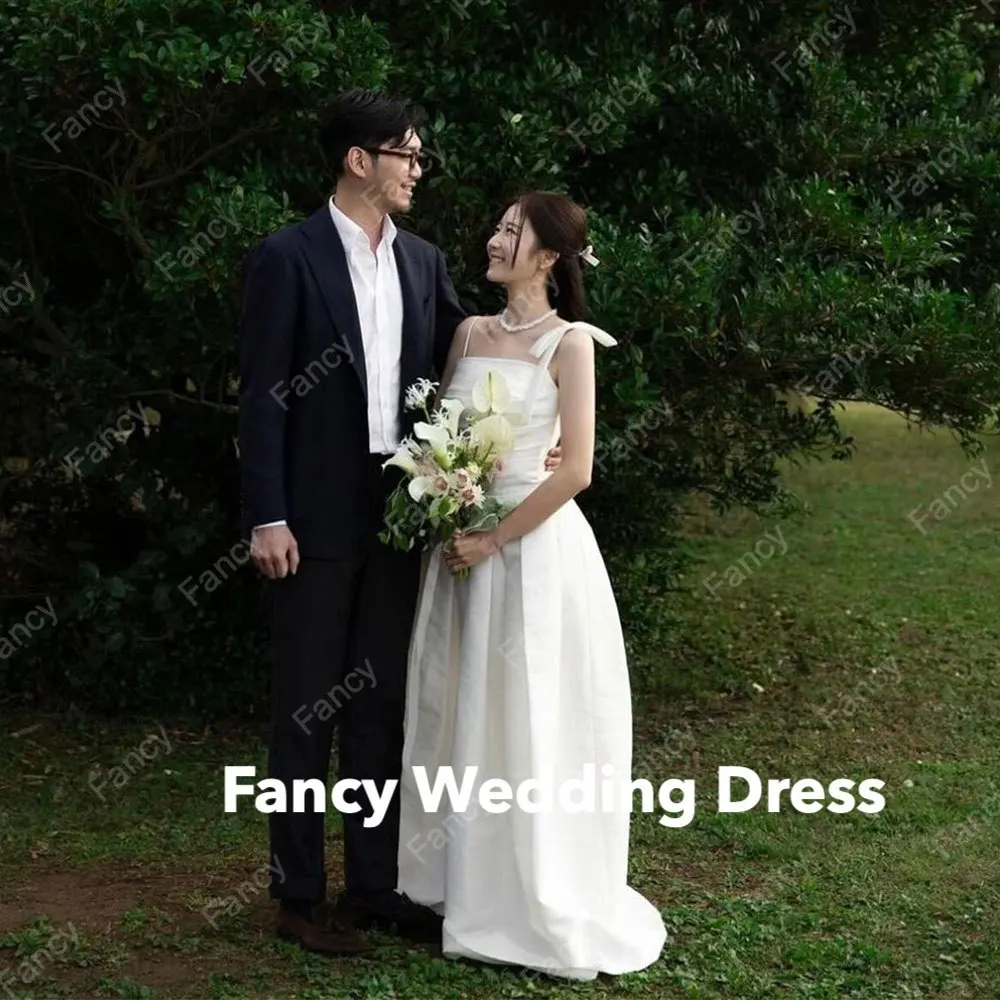 

Fancy Simple Ivory A Line Wedding Dress Korea PhotoShoot Square Neck Sleeveless Bridal Gown Soft Satin 웨딩드레스 Custom Made