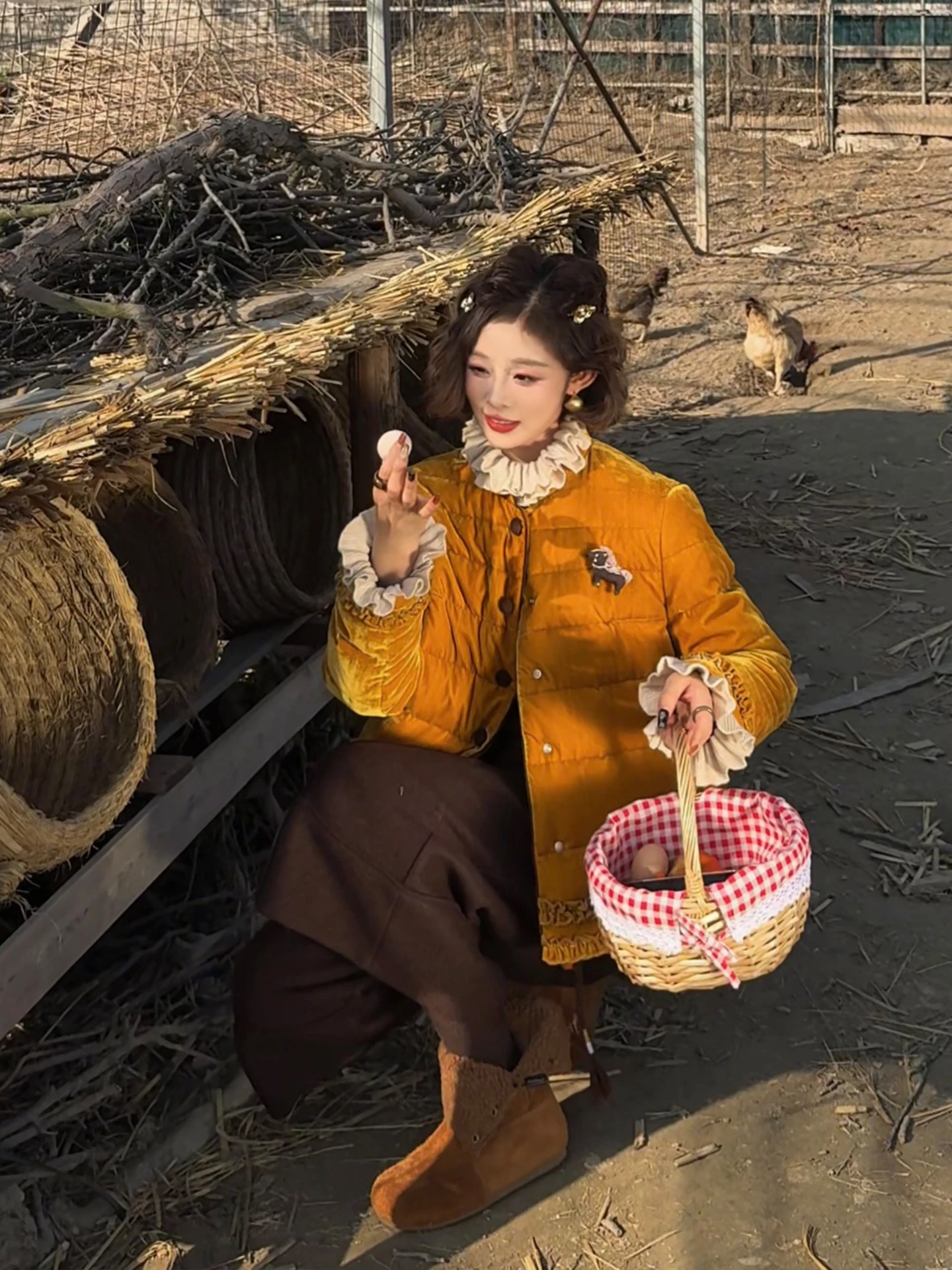 

Yolo Joyful Velvet down Jaet Women's Orange Goose down 90% White Goose Feather Gold Velvet Pumpkin Design Winter Coat