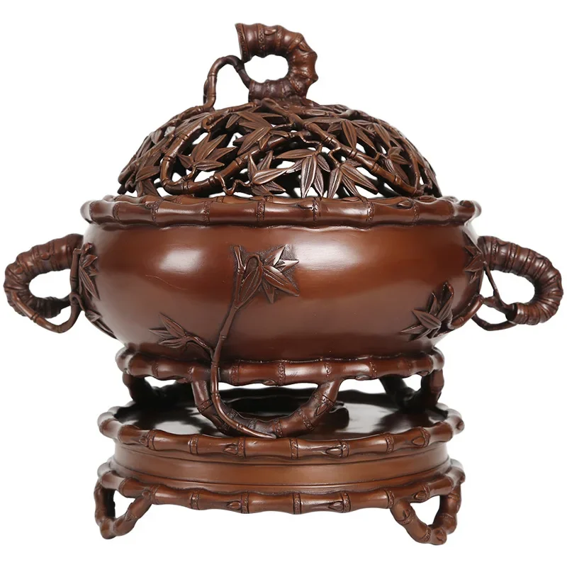 Copper indoor incense burner with bamboo seat Household sandalwood tea room incense burner study aromatherapy diffuser