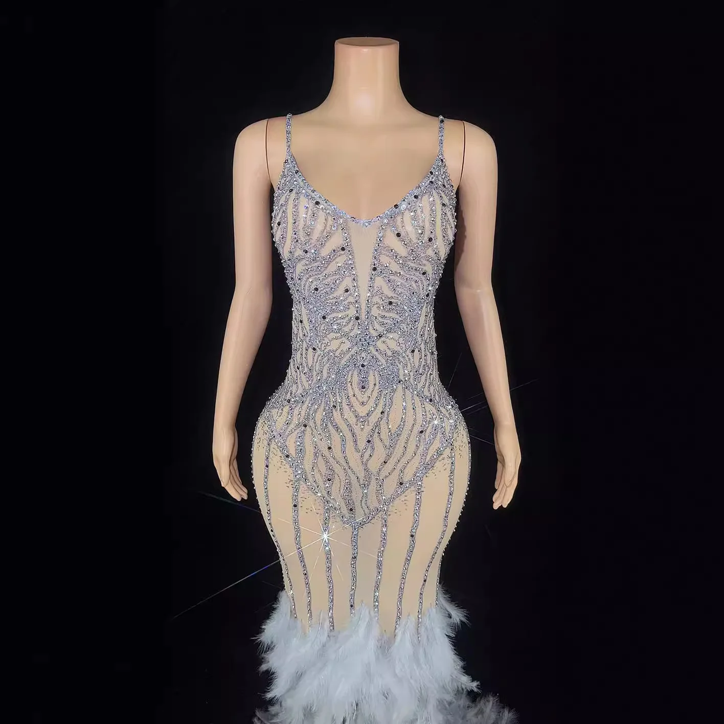 Elegant Sleeveless Long Dress With Shiny Diamond Sequins, Thin Shoulder Straps, Small V-Neck & Feather Trailing Tail Party Dress