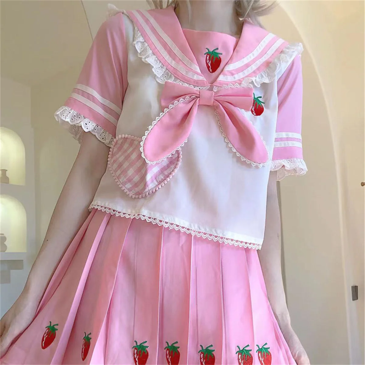 Japanese College Style Jk Uniform Lolita OP Kawaii Girls Cosplay Suit Plaid Sailor Collar Bunny Ears Strawberry Print Bow Dress