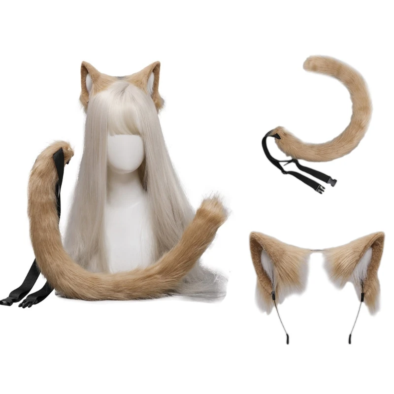 

Cosplay Furry Headdress Tail Set Animal for Cat Ears Long Fur Hair Props