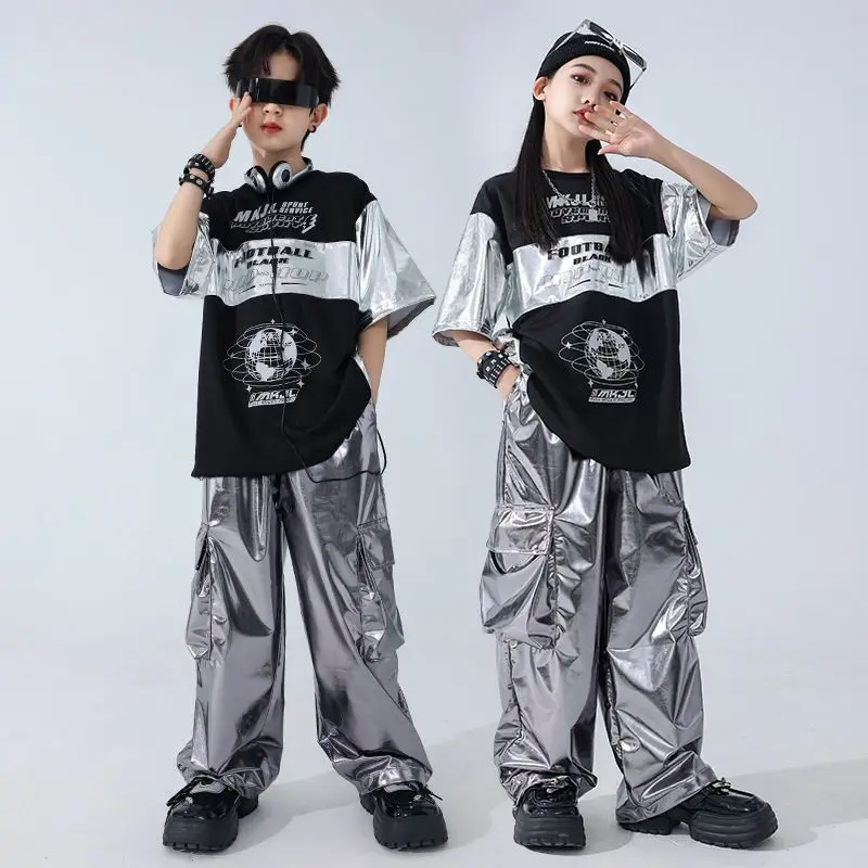 Girls Streetwear Sequin Crop Top Street Dance Skirts Shorts Kids Hip Hop Jazz Hoodies Silver Pants Child K-pop Stage Clothes Set