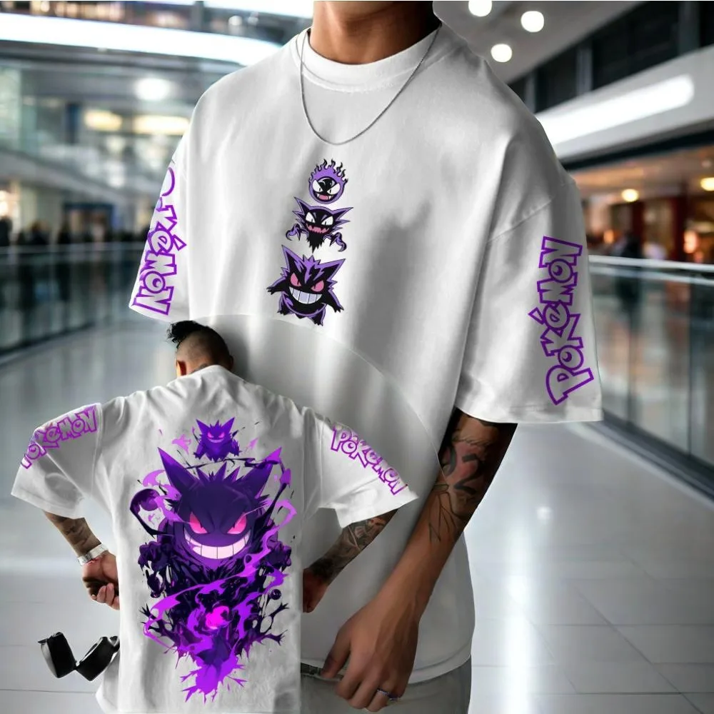 2026 Pokémon Animation Merchandise Gengar Print T-Shirt für Herren und Damen – Sommer Oversize Loose Fit Baumwoll-Streetwear Marken-Top