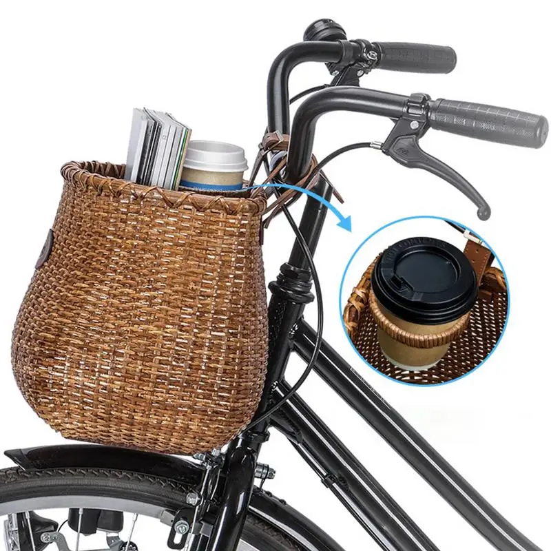 Handmade Woven Rattan Bikes Basket Large Capacity Cycling Basket Bikes Baskets Storage Basket Adjustable Leather Carabiner