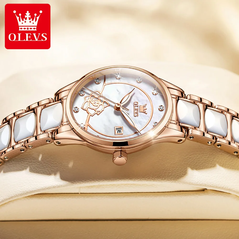 OLEVS 3606 Japan Quartz Movement Woman Watch Camellia Flower Design Ceramics Strap Diamond Scale Elegant Luxury Watch for Women