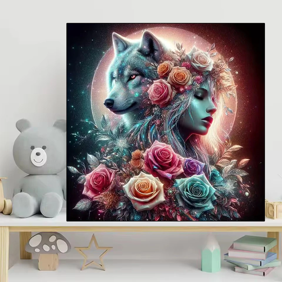 

Ladies 5D Diamond Painting Portrait Kit Embroidery Flower Rose Moon Mosaic Wolf Embroidery DIY Dog Wall Decoration