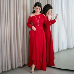 Elegant Red Prom Gown With Long Sleeves Off The Shoulder  A-Line Evening Dress Floor -Length Dubai Woman Formal Dresses Long