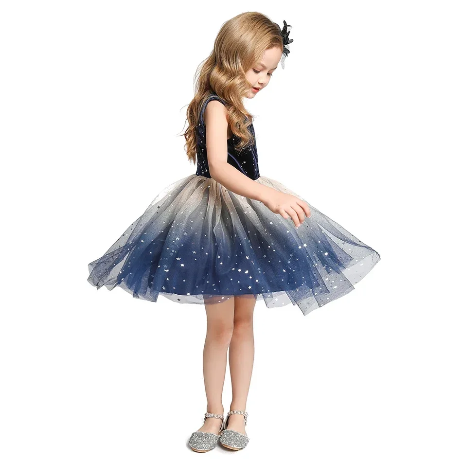 Girls Elegant Party Dress Star Sequins Princess Dress Kids Velet Tulle Clothing Children Birthday Photography Dark Blue Gowns