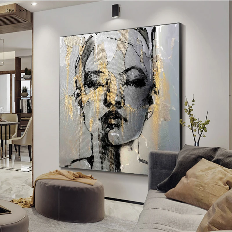 

Abstract Golden Black Woman Face Canvas Oil Painting Print Wall Art Poster Simply Portrait Mural Living Room Decoration Painting