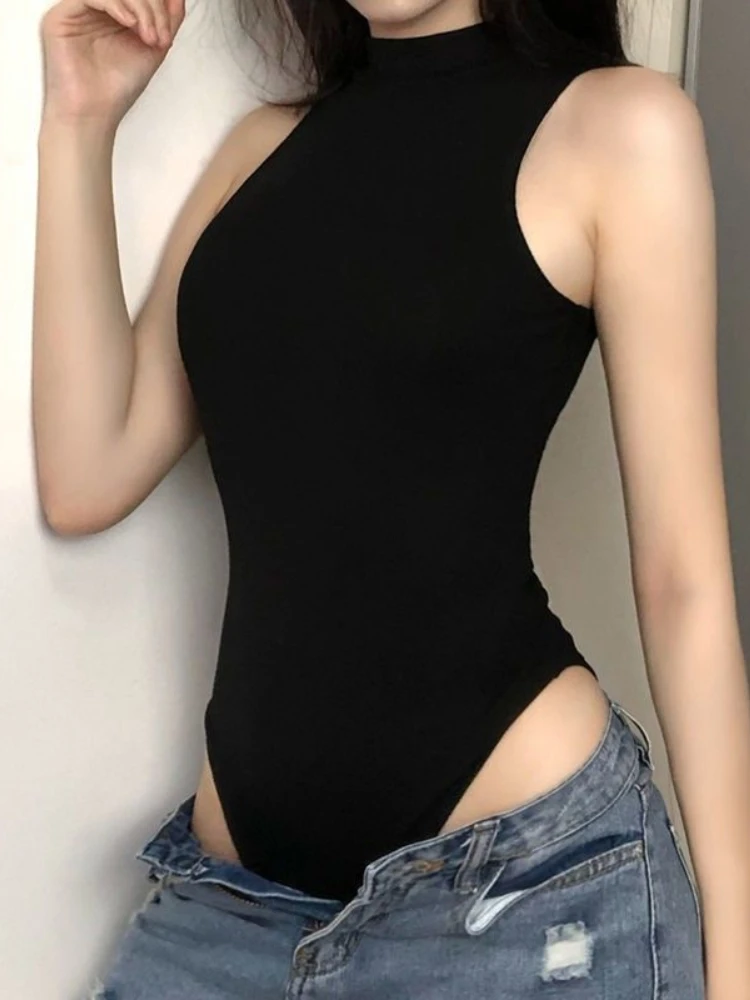 Harajuku Street Women Bodysuit Dark Punk Style Sleeveless Tank Top Hottie Black Tights Slim All-match Underlay Jumpsuit Maiden