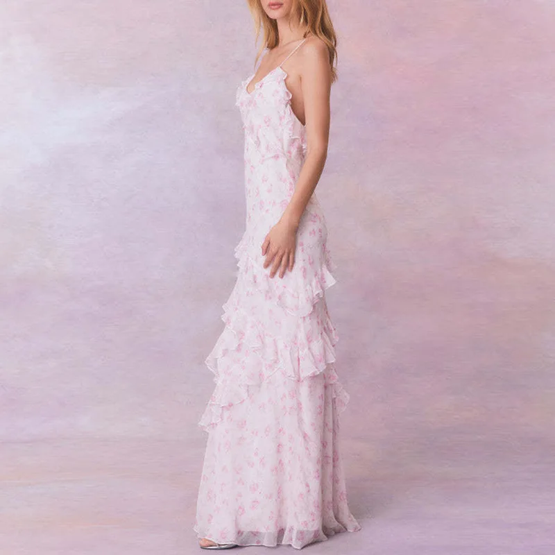 Boho Spring Scollo a V Volant Abito con cinturino per spaghetti Moda Stampa floreale Abiti lunghi slim Abiti maxi estivi vuoti senza schienale da donna