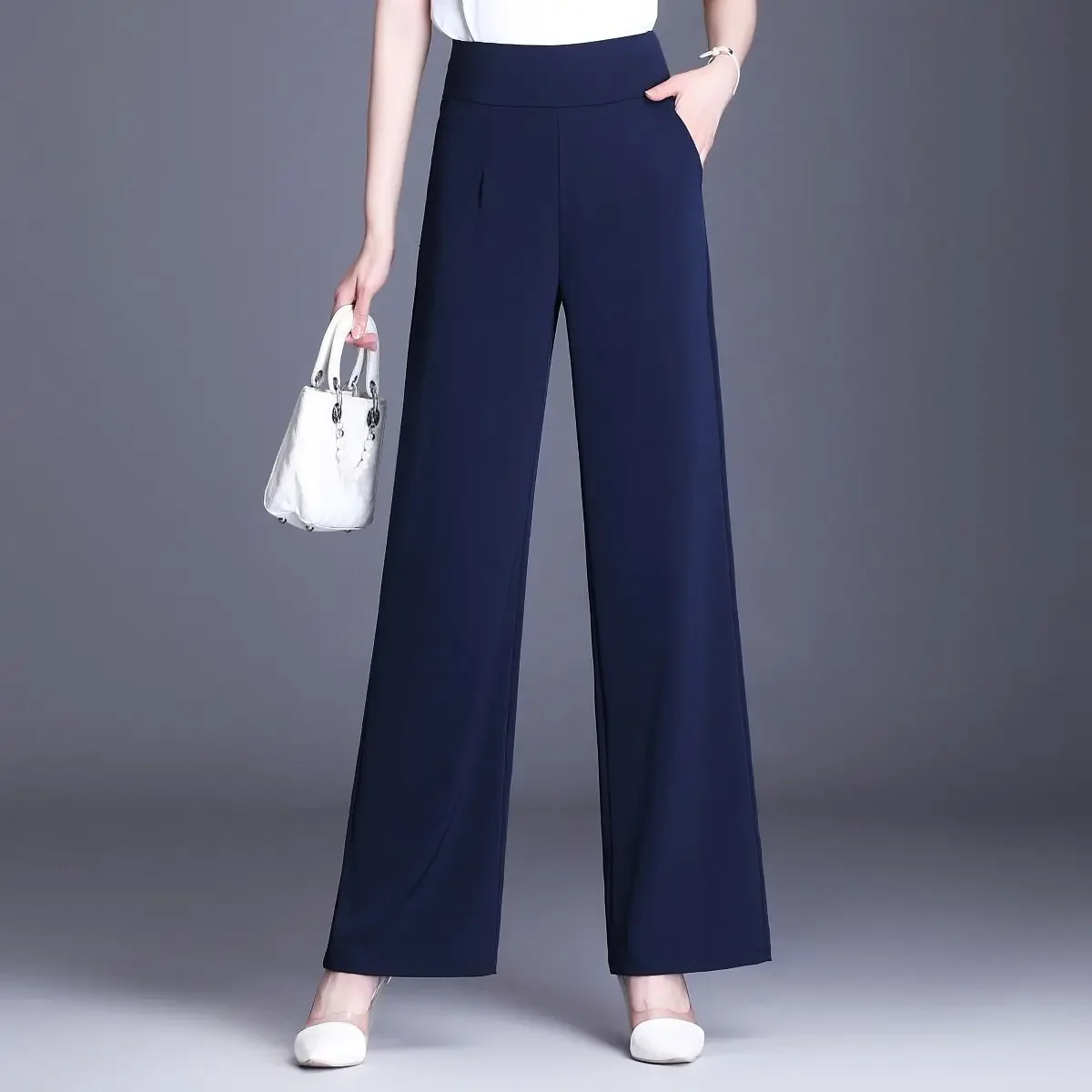 

Office Lady Summer Thin Fashion Oversize Pants Zipper High Waist Pockets Loose Solid Woman Korean Elastic Straight Trousers