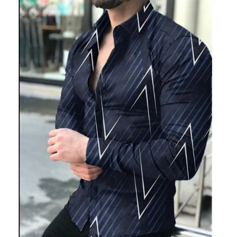 

Autumn 2025 European American Mens irt Long Sve Lapel Slim Fit Printed Polyester Teen Boy's Casual Faion Light Maturi